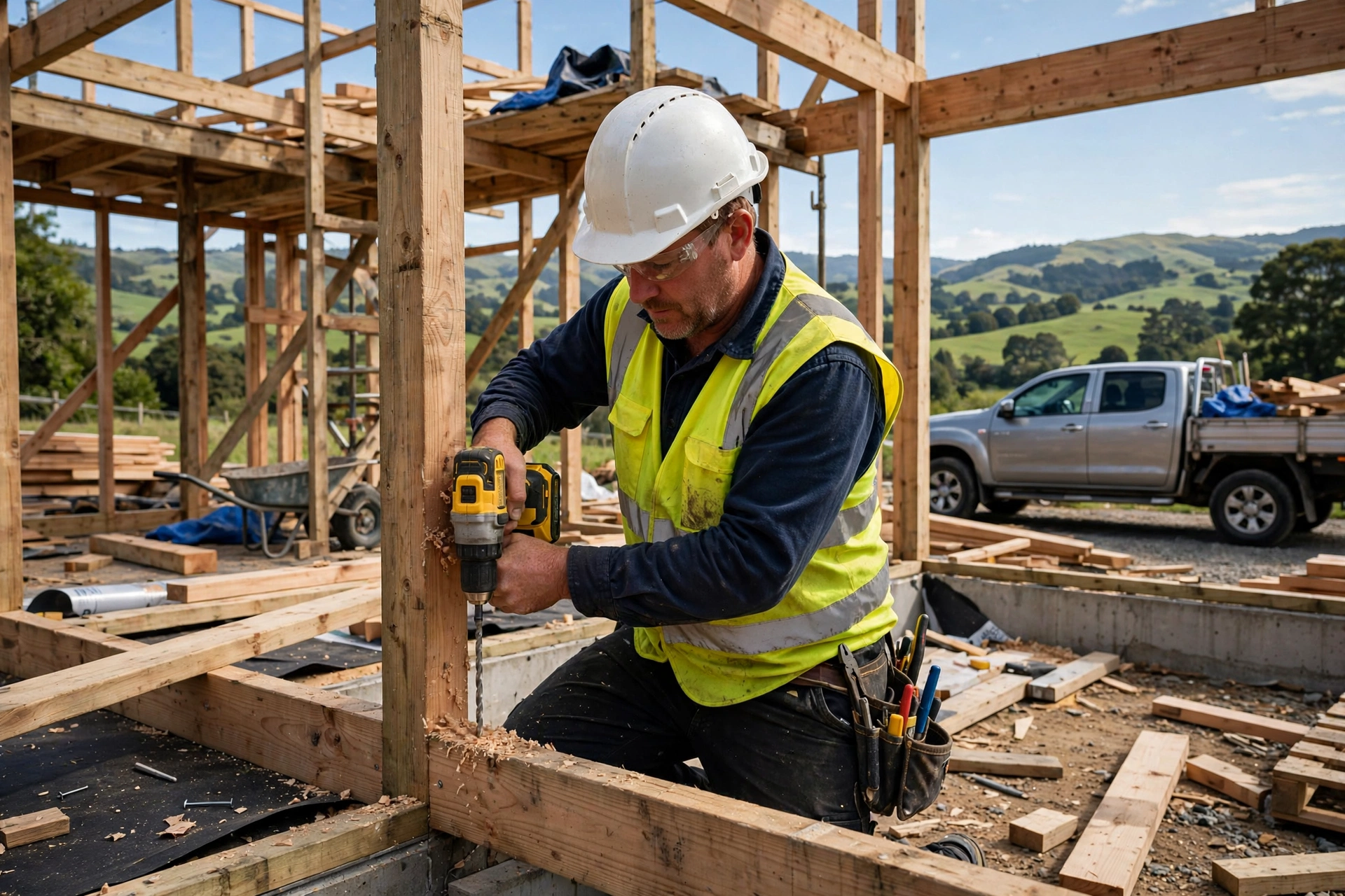 Builder framing a new house on a Hastings, Hawke's Bay building site