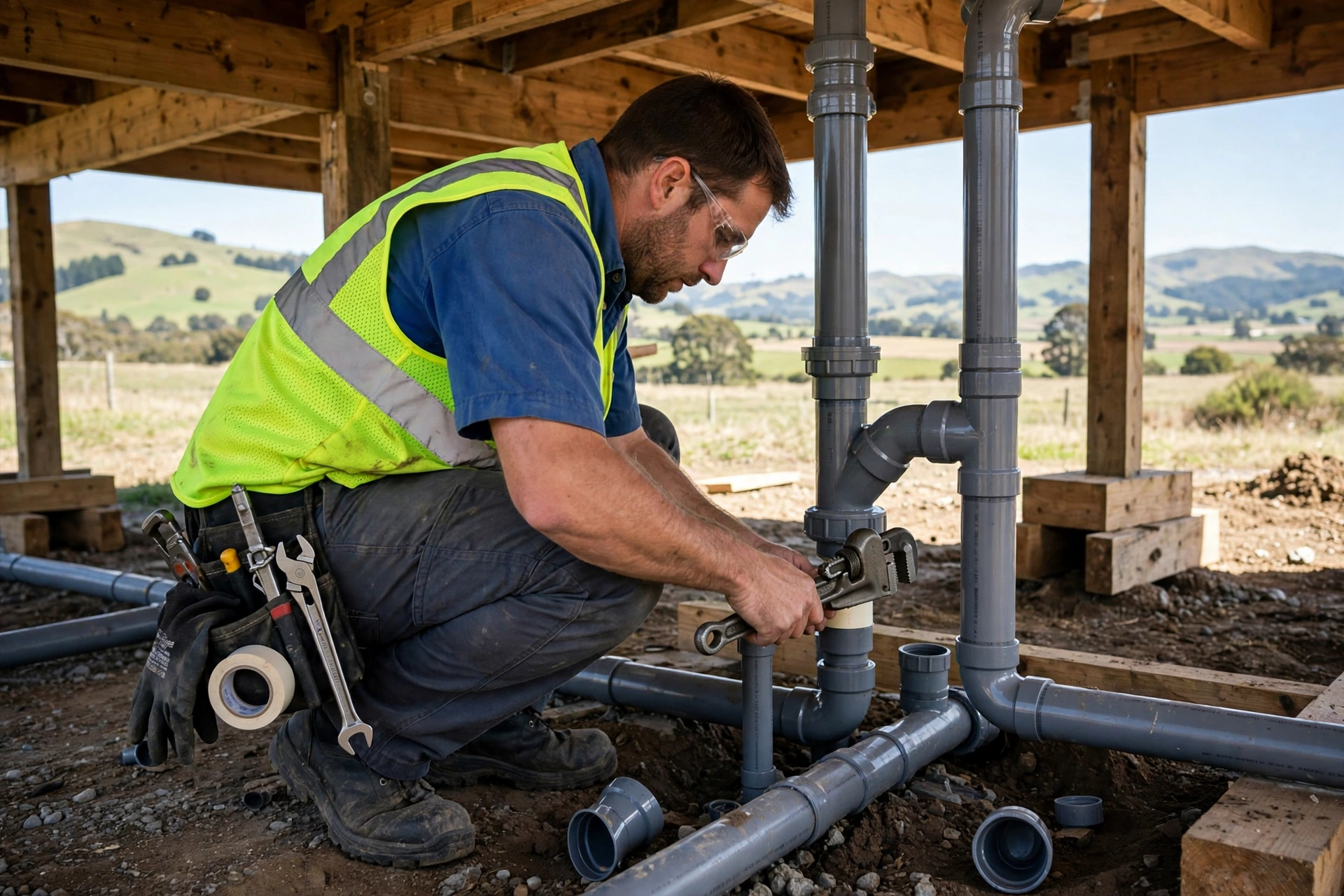 Plumber fitting PVC pipework under a new build near Hastings, Hawke's Bay
